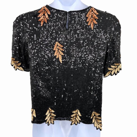 STUNNING VINTAGE ROYAL FEELINGS SEQUIN BEAD SILK LEAF SHORT SLV FORMAL TOP - L - Picture 4 of 5